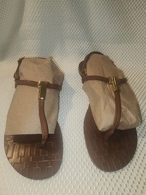Tory Burch Brown Leather Sandal with Gold-Tone Logo Accent